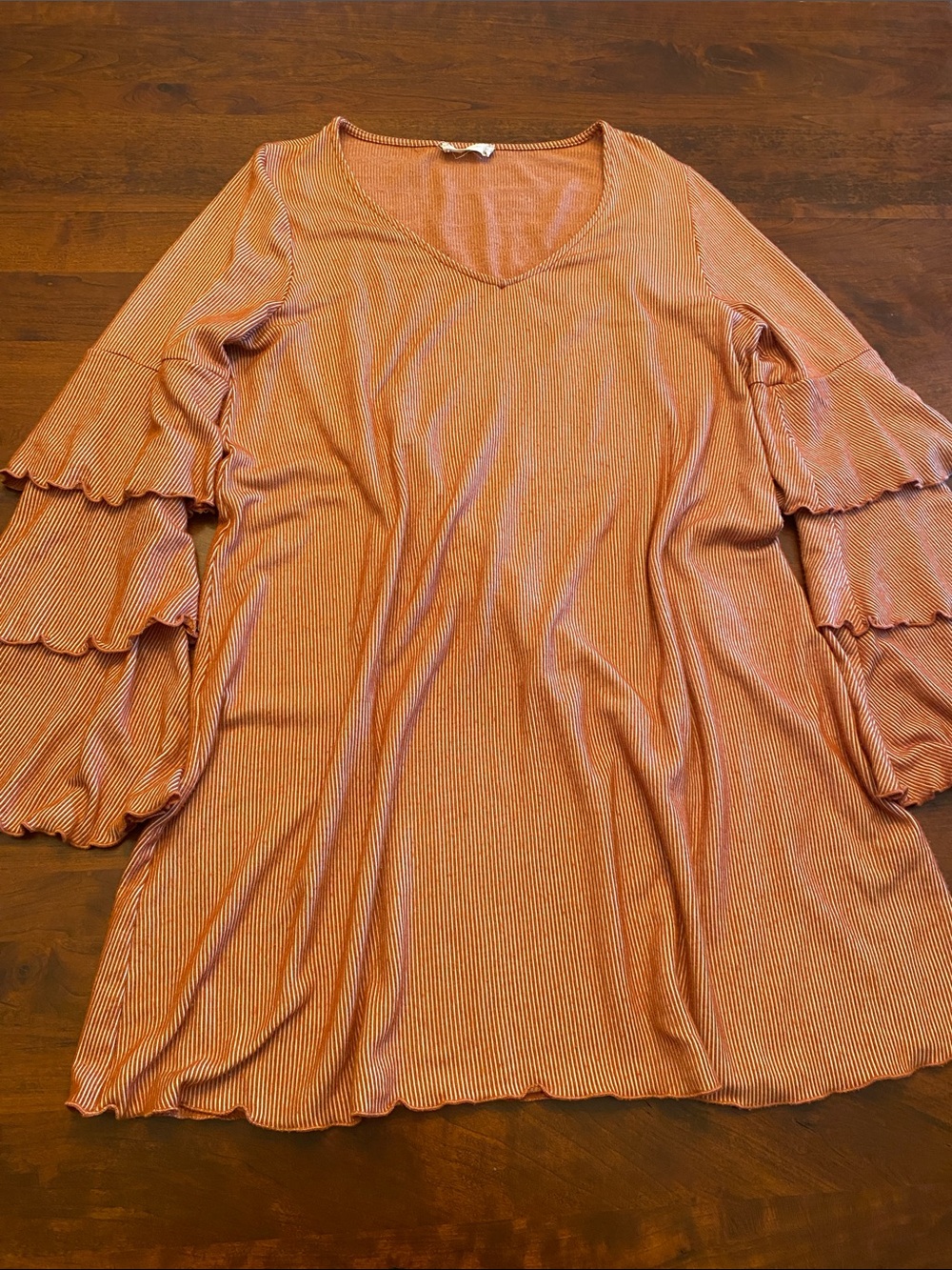 Ribbed V-Neck Ruffle Long Sleeve Dress in Rust - Small